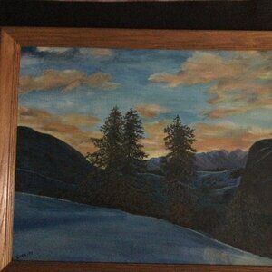 Oil painting mountain trees landscape with wood frame original art wall hanging
